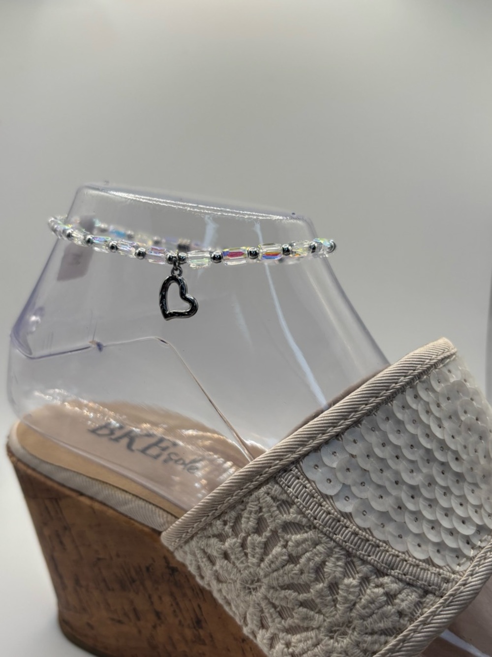 *Anklet* Silver Heart & AB Crystal Stretchy Ankle Bracelet - Picture 5 of 7